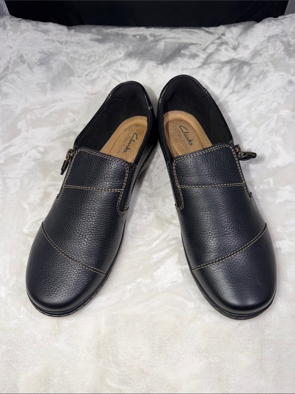 Clarks Collection Black Leather Comfort Slip-On w/zipper Shoes Women’s 9.5
